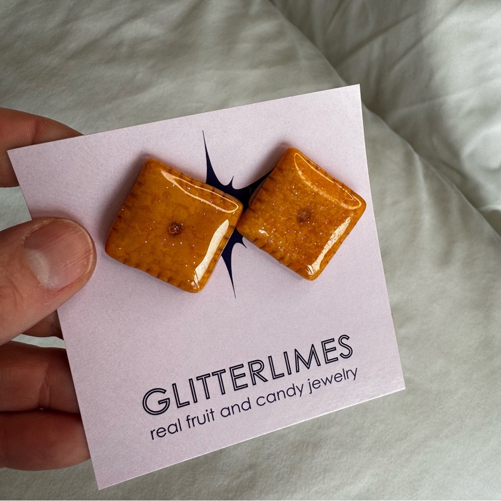 Glitterlimes REAL Cheez-It Square Orange Earrings Snack-Core - Picture 2 of 5